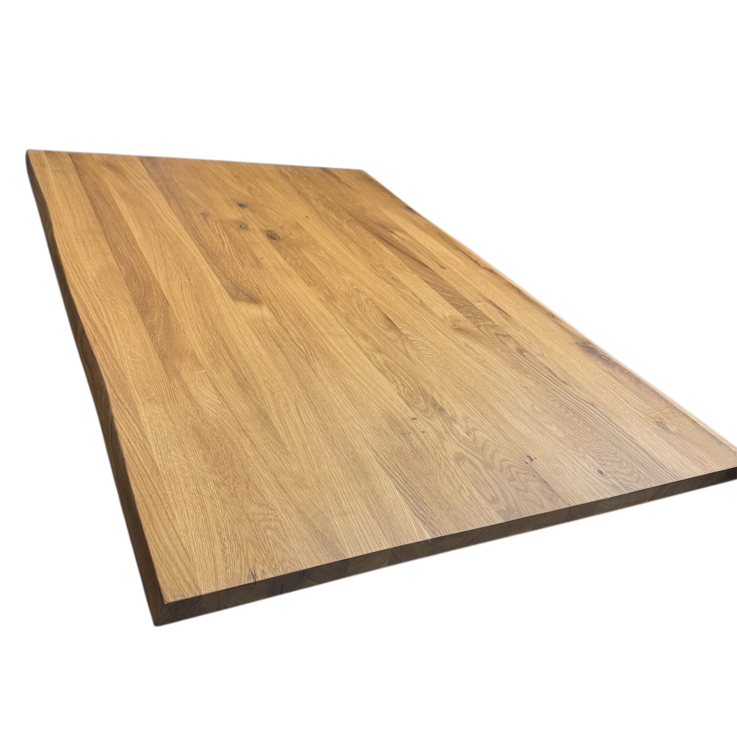 Tischplatte Wildeiche geölt — Massivholz 28mm — Baumkante / Waldkante — Breite 80cm, Länge nach Wunsch — durchgehende Lamellen